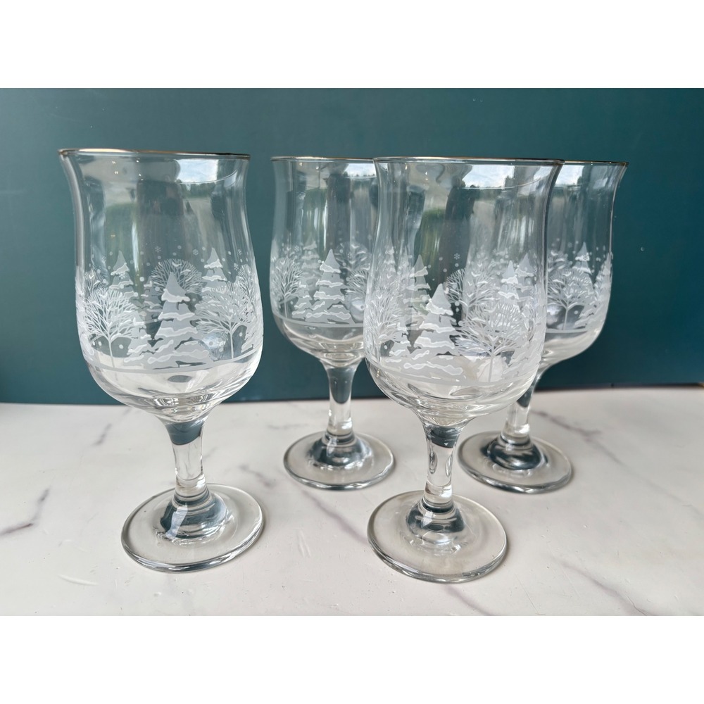 Vintage Etched Winter Forest Goblets Glasses Gold Rim Christmas Set of 4